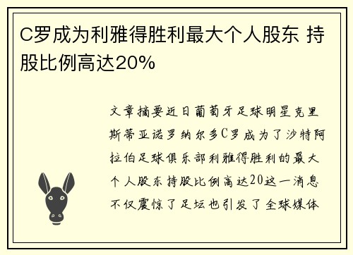 C罗成为利雅得胜利最大个人股东 持股比例高达20%
